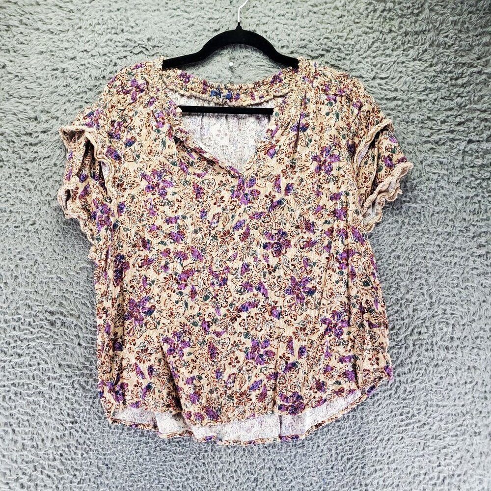 Democracy Top Womens XL Multicolor Floral Short Sleeve Smocked Lightweight Boho